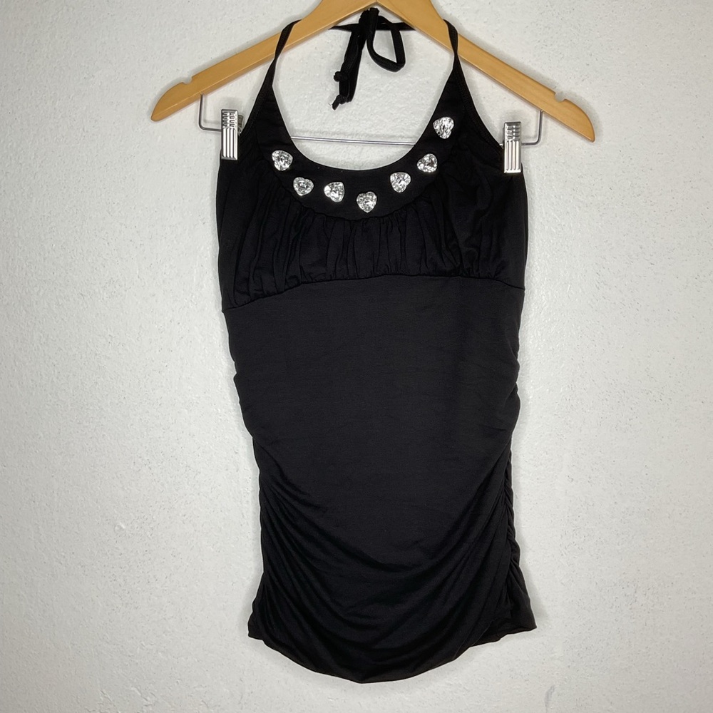 2B Bebe Y2K Vintage Ruched Halter Top Black Rhinestone Heart Gem Sz M - Picture 3 of 10